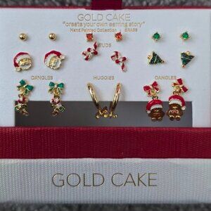 GOLD Cake  Christmas Theme Sterling Silver Earrings Set, 9Pairs